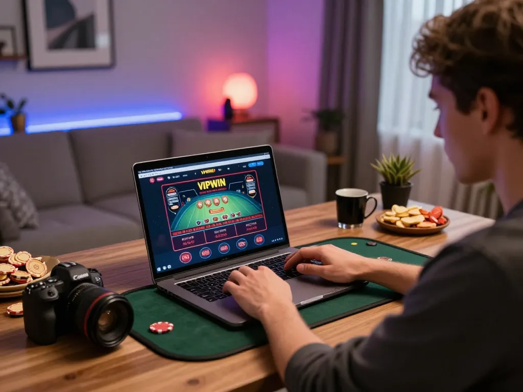 Engaging in strategic gameplay on VIPWIN's casino platform from a cozy home office setup.