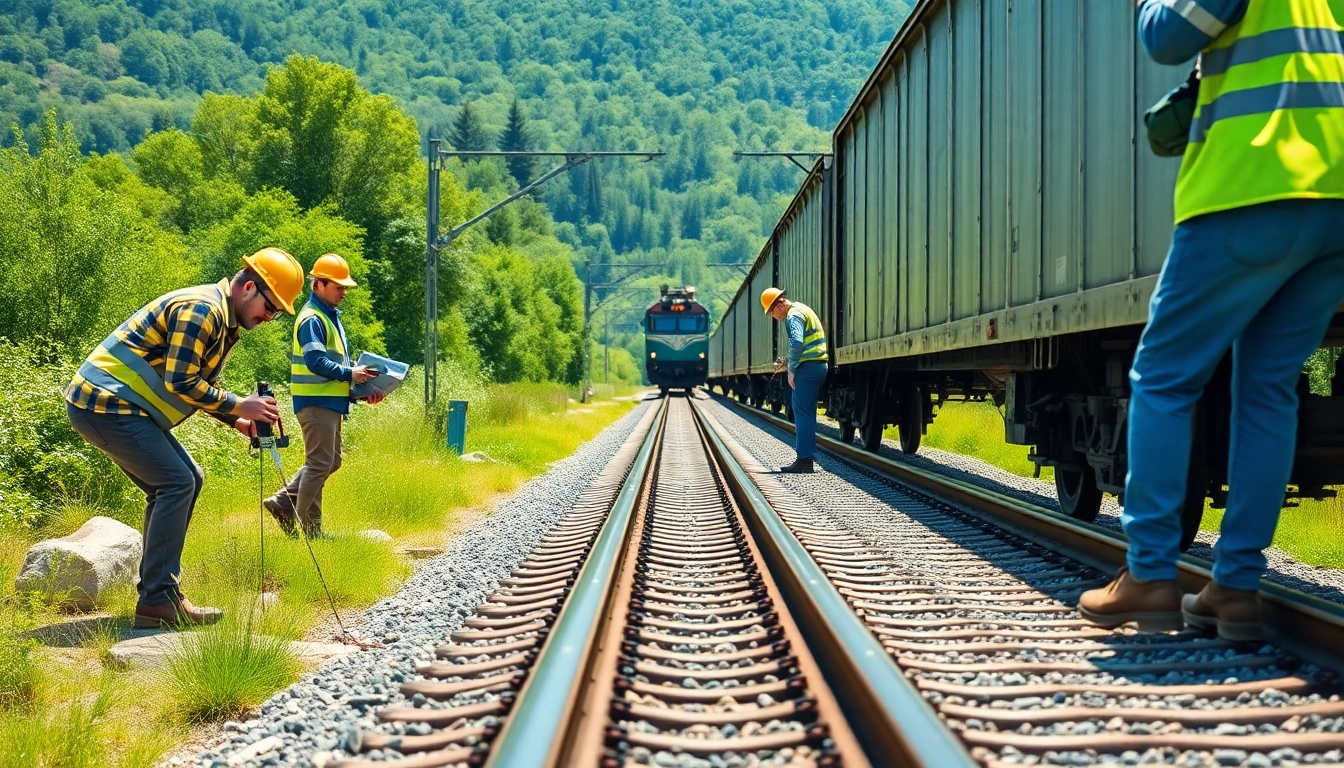 Workers performing railroad maintenance on tracks, ensuring safety and efficiency.