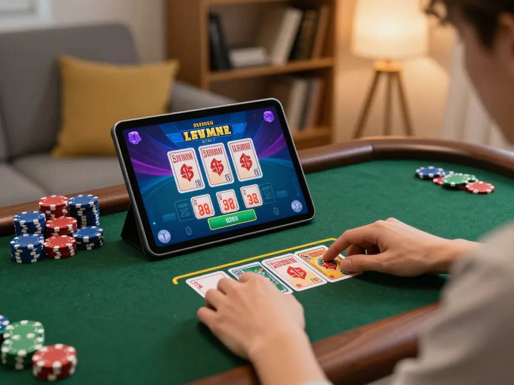 3Win user immersed in online casino gameplay with vibrant tablet interface, showcasing strategic betting.