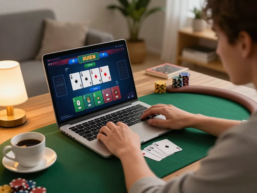 Player engaging with the 92slot com poker interface at home, highlighting online gaming excitement.