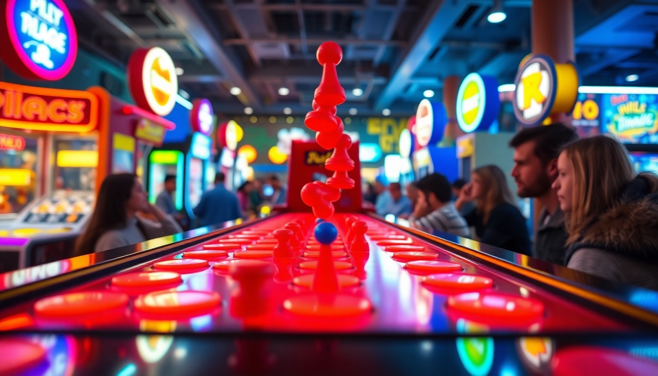 Menikmati demo plinko dengan bola yang jatuh melalui paku berwarna-warni di latar arcade yang riuh.