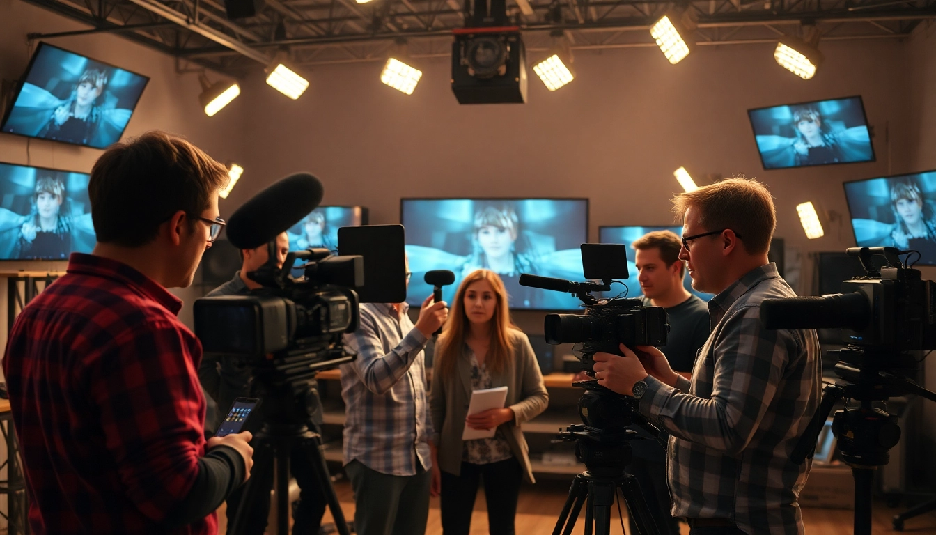 Engaging video production edmonton team working collaboratively in a vibrant studio setting.