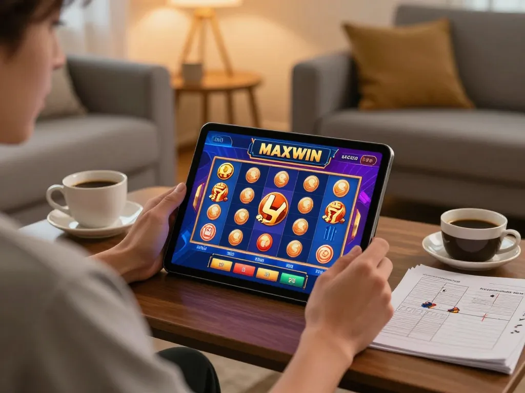 Engaging in slot gacor maxwin gameplay on a tablet in a cozy home setting, showcasing strategy notes.