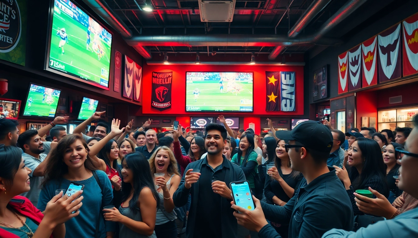 Fans engaging with sportsbooks in Georgia in a lively sports bar setting.