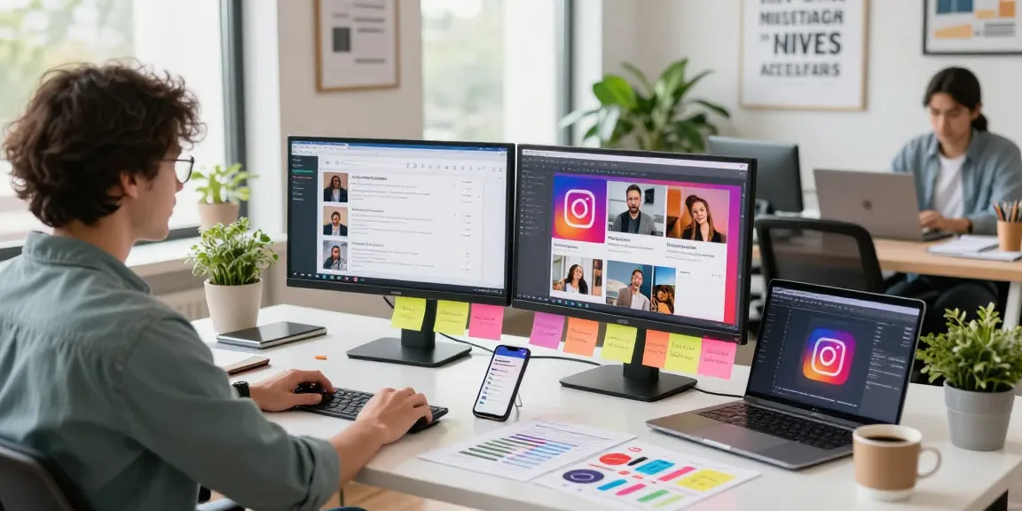 Marketer analyzing real Instagram views in a vibrant workspace