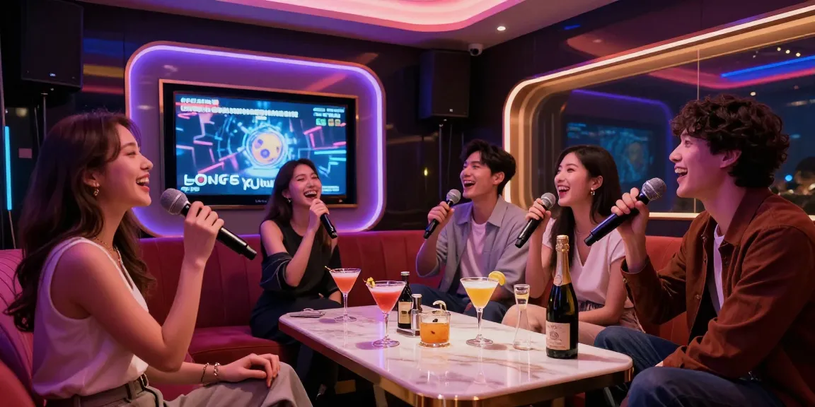 강남 가라오케에서 친구들과 즐거운 노래 시간을 보내는 모습, 고급스러운 분위기와 네온 조명으로 화려함을 더하다.