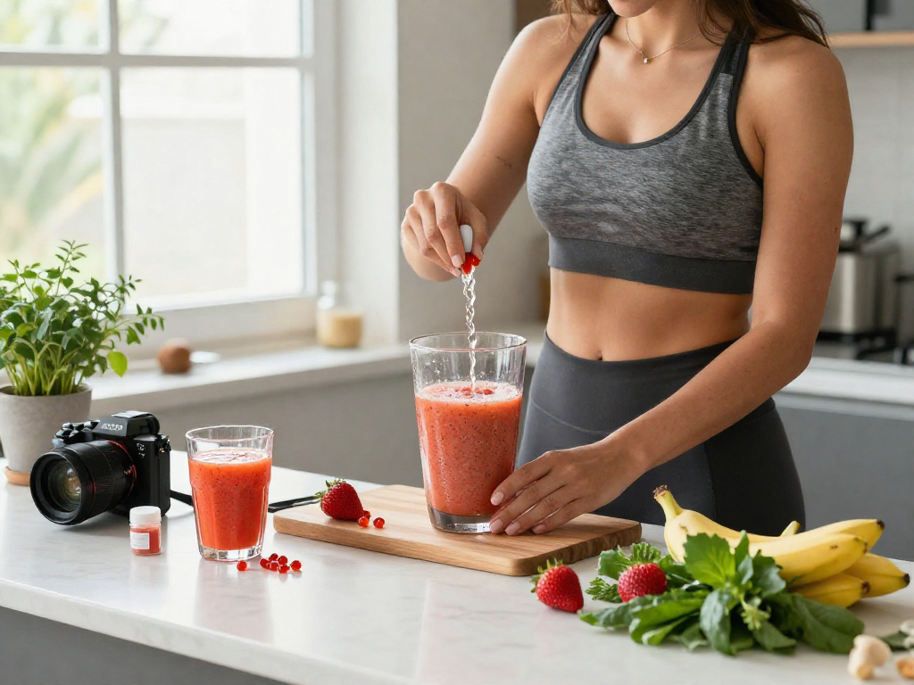 Preparing a nutritious smoothie with astaxanthin softgels in a bright kitchen.