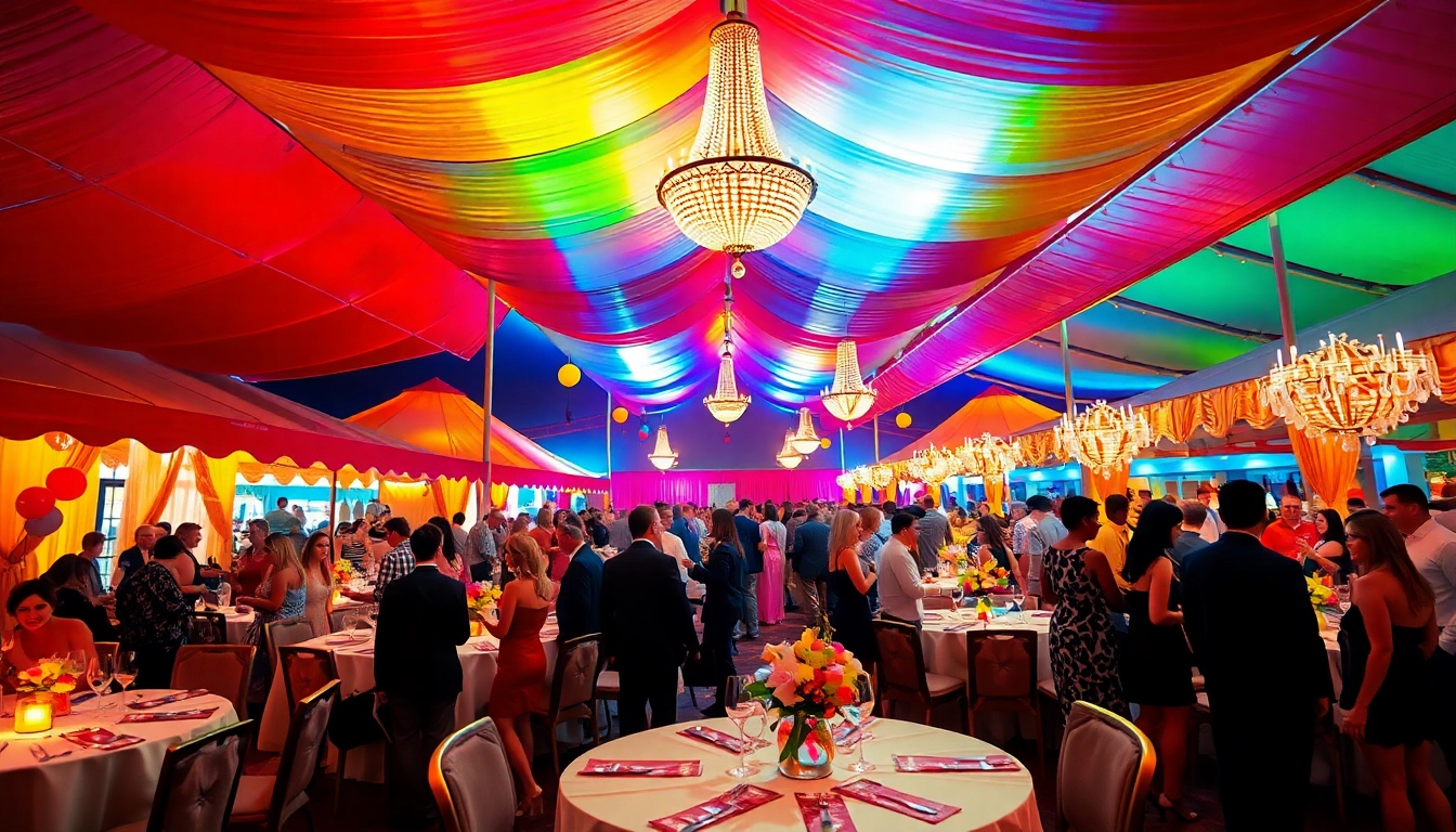 Vibrant Las Vegas Party Rentals scene with colorful tents and decorations, showcasing a lively celebration atmosphere.