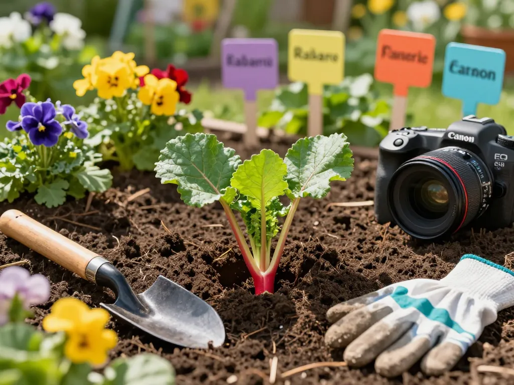 Rabarber planten kopen in a bright home garden with blooming flowers, planting seedlings surrounded by gardening tools