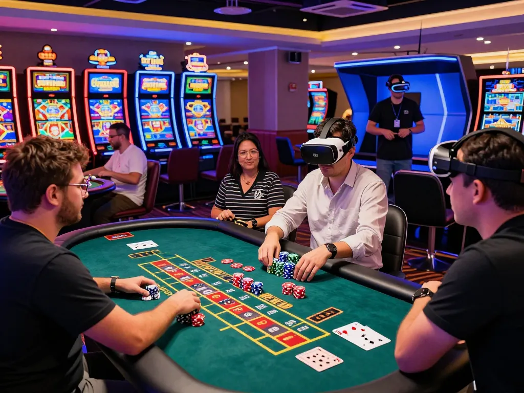 Exciting gameplay at casino hubet88 with diverse players engaged around roulette and slot machines.
