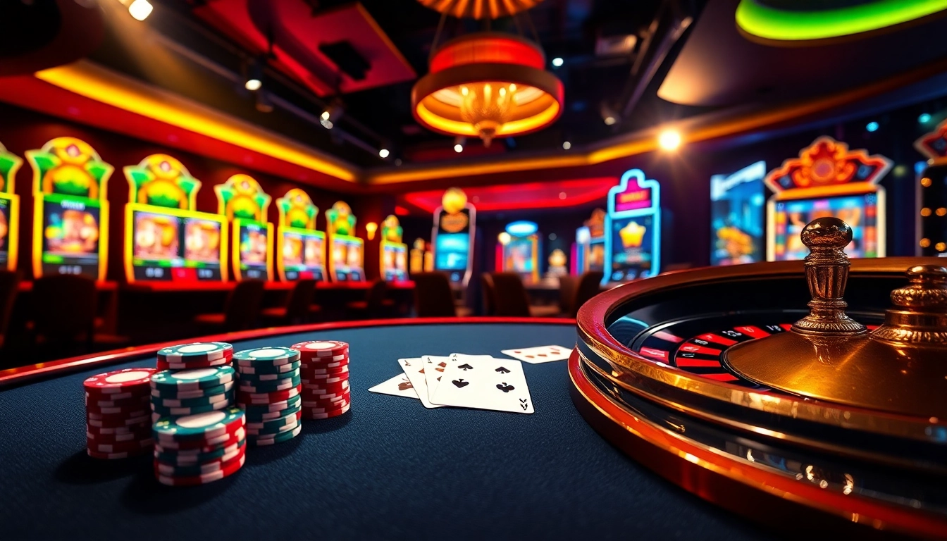 Scène engageante de casino en ligne avec des jetons de poker, des cartes et des machines à sous vibrantes.