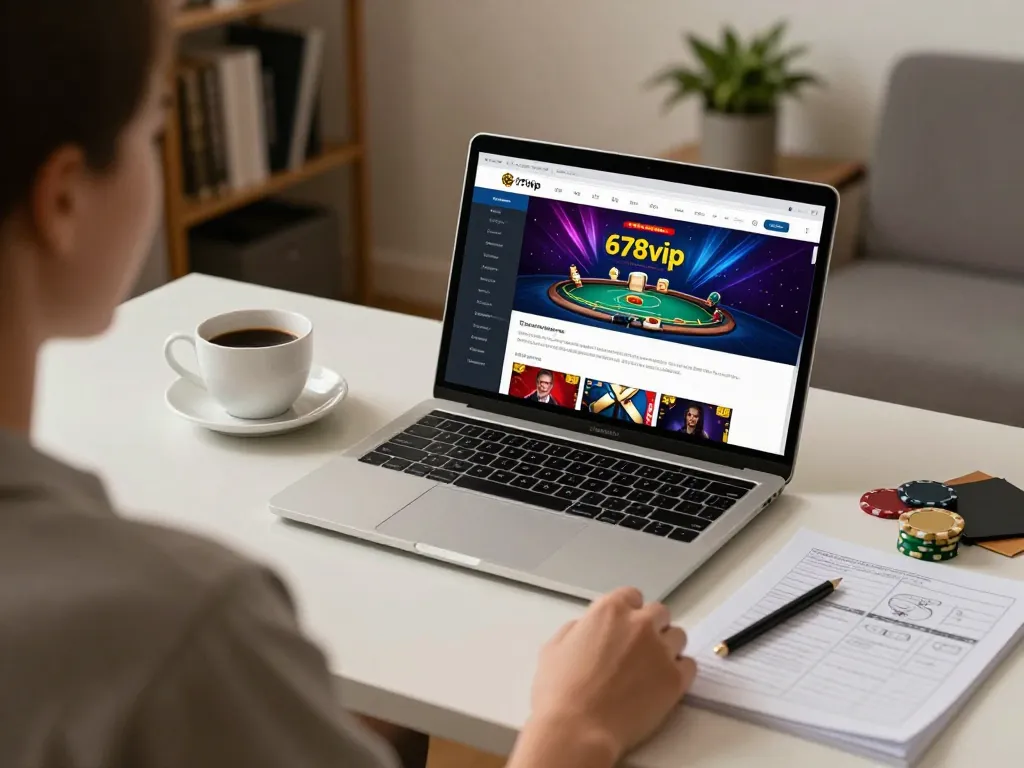 Engaging online gaming experience at 678vip with a person strategizing on a laptop