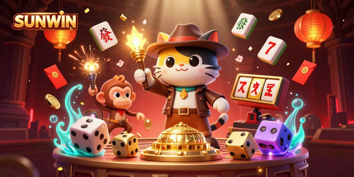 SUNWIN offers thrilling casino adventures, featuring a vibrant scene with a 3D animated explorer cat and treasures.