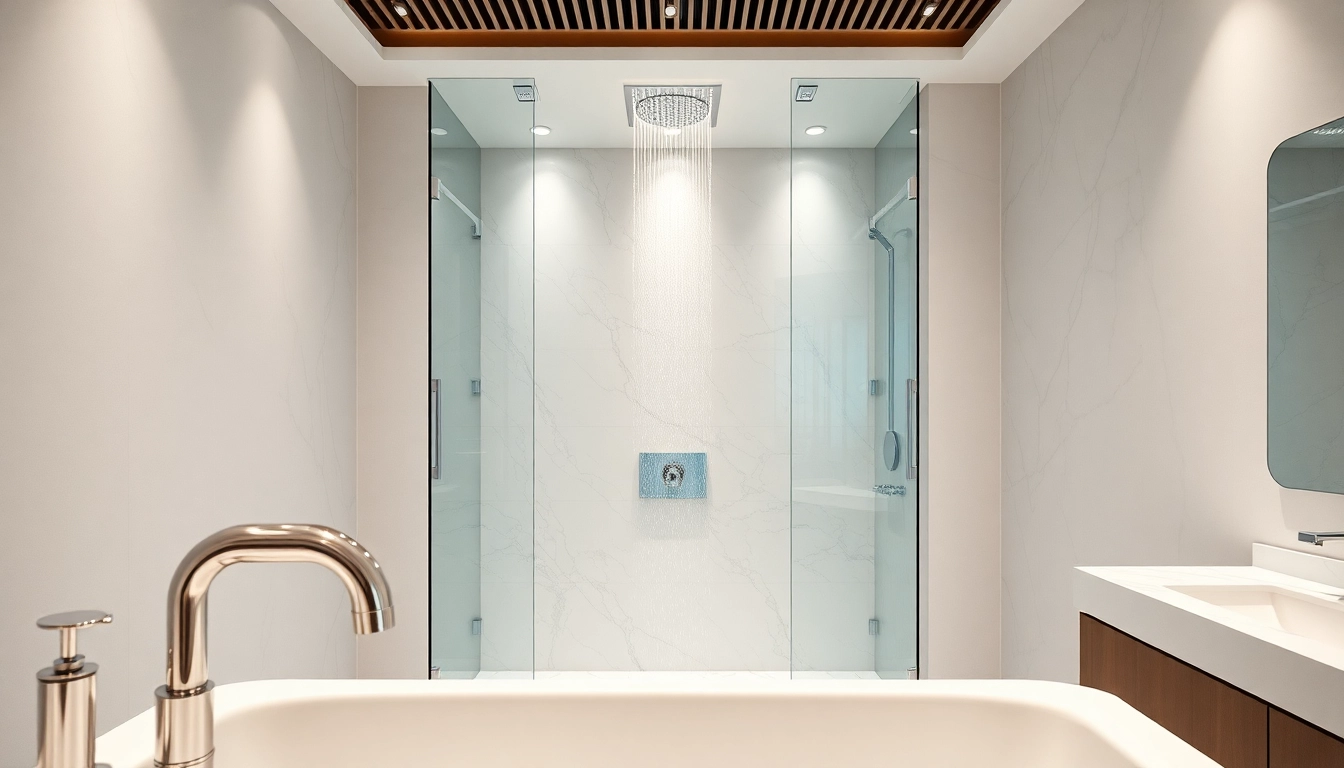 Experience elegant showers au in a luxurious and modern bathroom setting, with a striking glass enclosure.