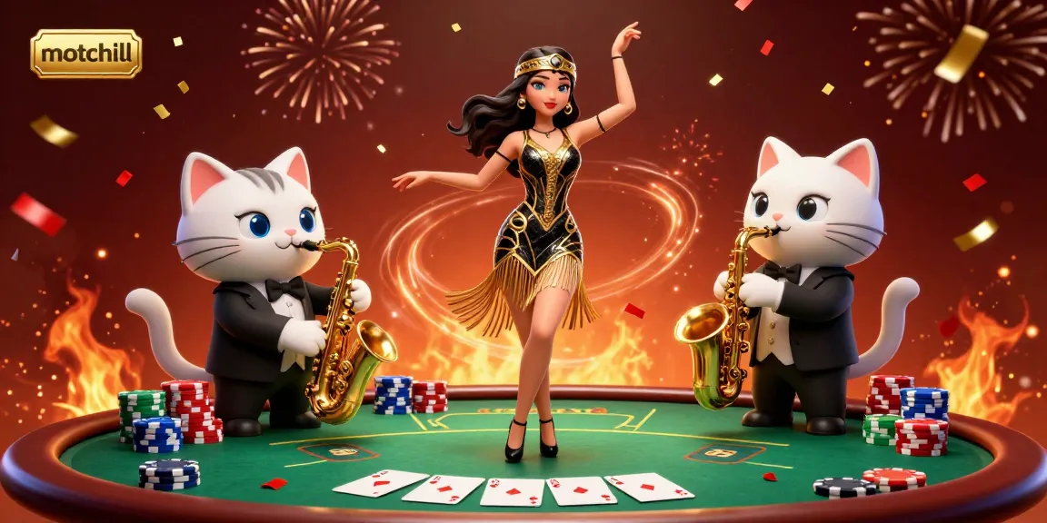 Join the action at motchill with a vibrant gambling scene featuring a flapper dancer and a saxophone-playing cat amidst poker excitement.