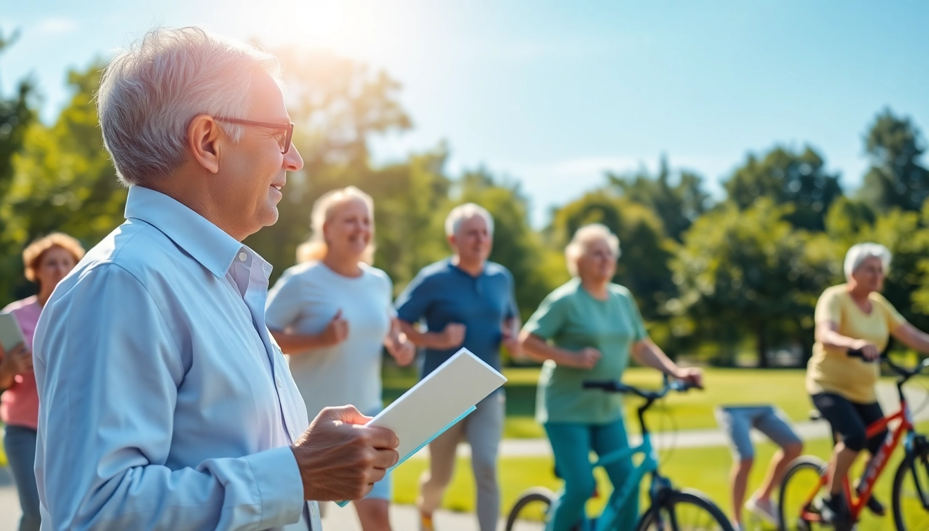 Showcase individuals actively enhancing their healthspan through exercise and wellness practices outdoors.