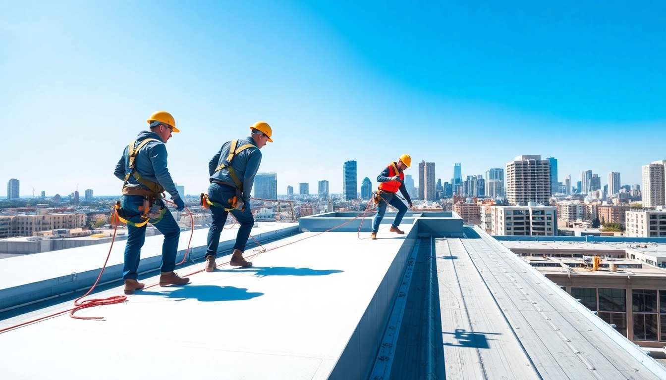 Efficient team delivering commercial roofing services with professionalism on a bright day.