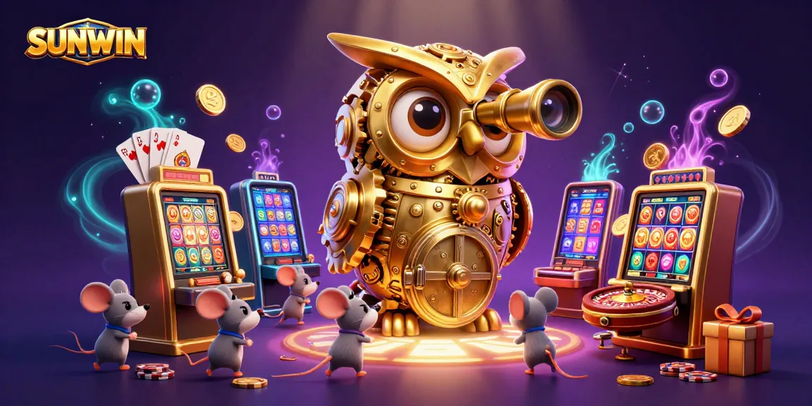 SUNWIN presents an engaging casino experience with a dynamic illustration featuring a golden owl, mouse patrons, and colorful slot games.