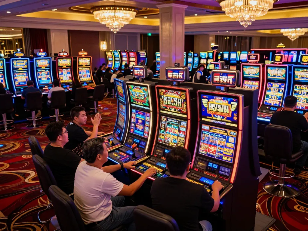 Celebrating a win while playing slot gacor on vibrant casino floor with flashing lights