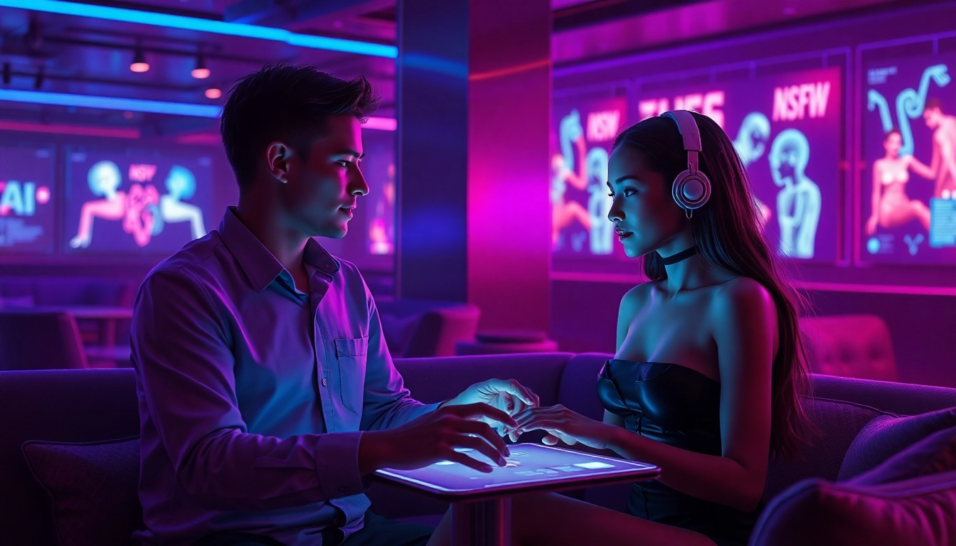 Interactive scene showcasing NSFW AI avatars communicating in a futuristic lounge setting.