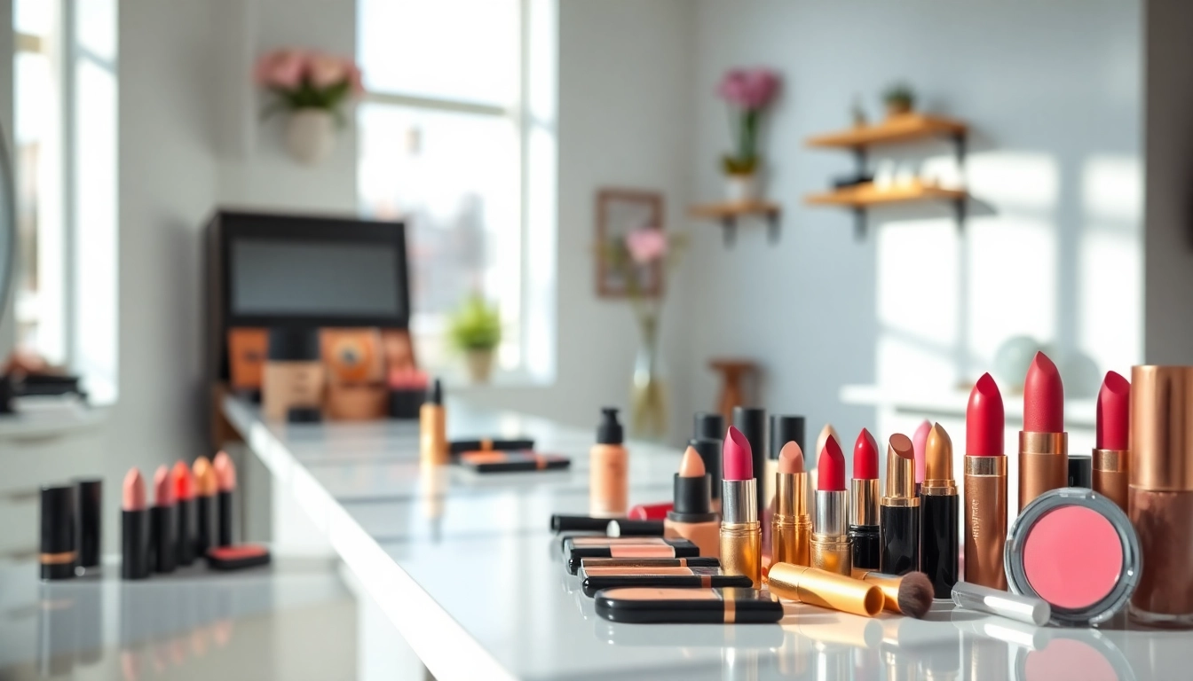 Wholesale makeup suppliers showcase vibrant beauty products elegantly arranged in a modern studio.