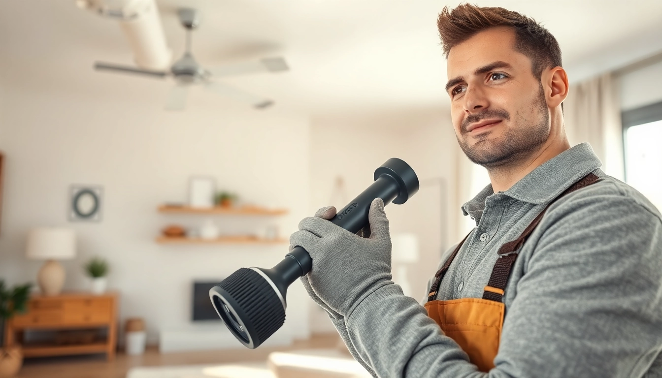 Efficient duct cleaning and HVAC inspection by a skilled technician in a bright home.