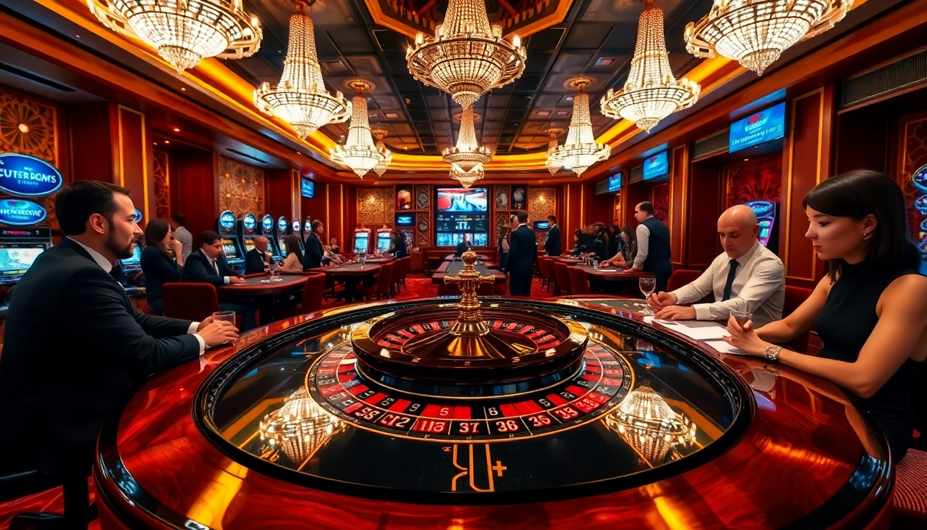Engaging scene at Man88 casino with sophisticated gamblers at roulette and poker tables.