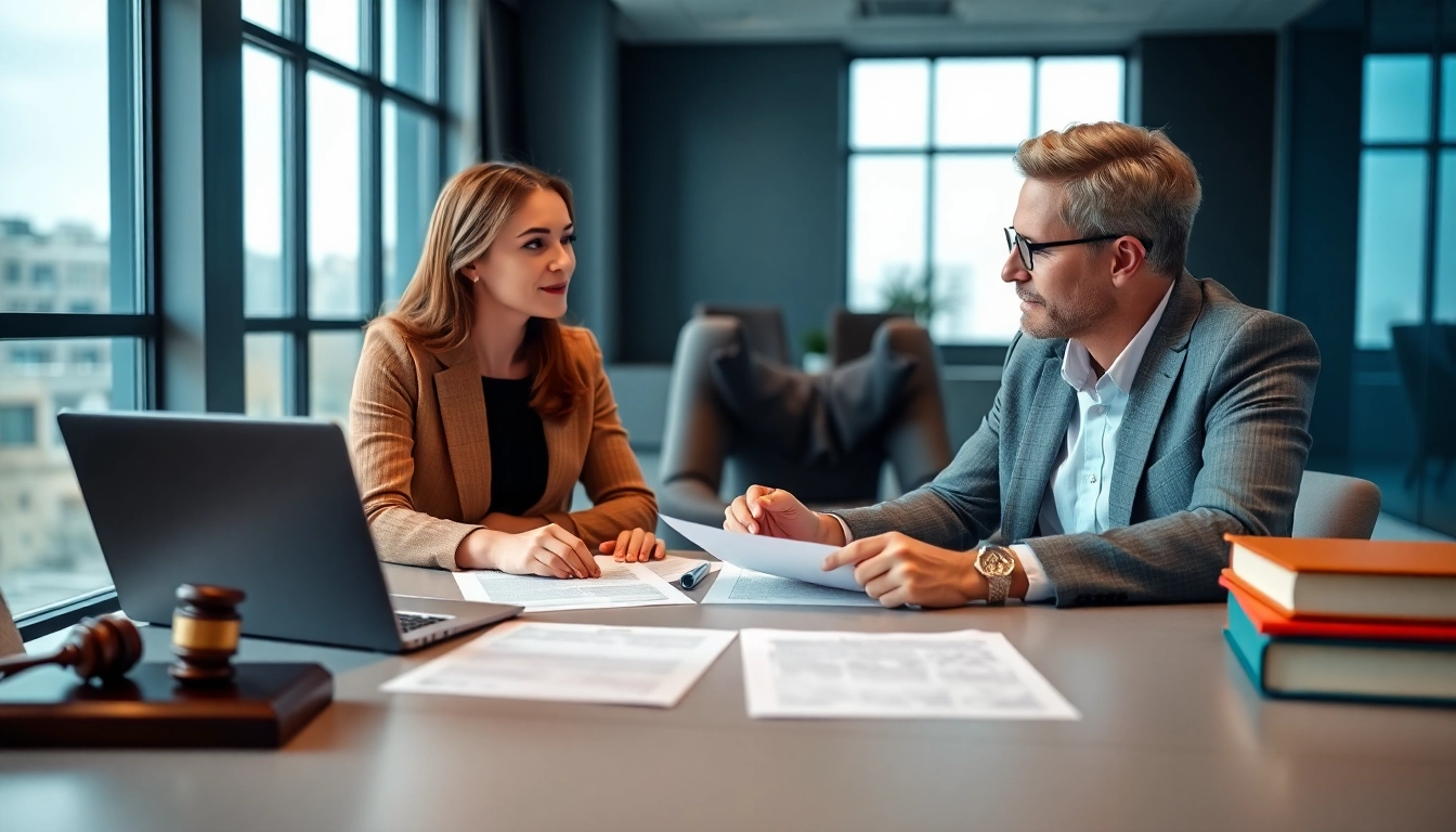 Couple discussing Family Law Financial Agreements in a modern office setting with documents.