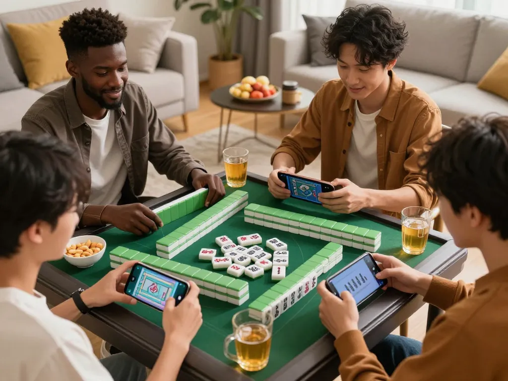 Engaging Mahjong online gameplay on smartphones with players showing strategies in a cozy living room.