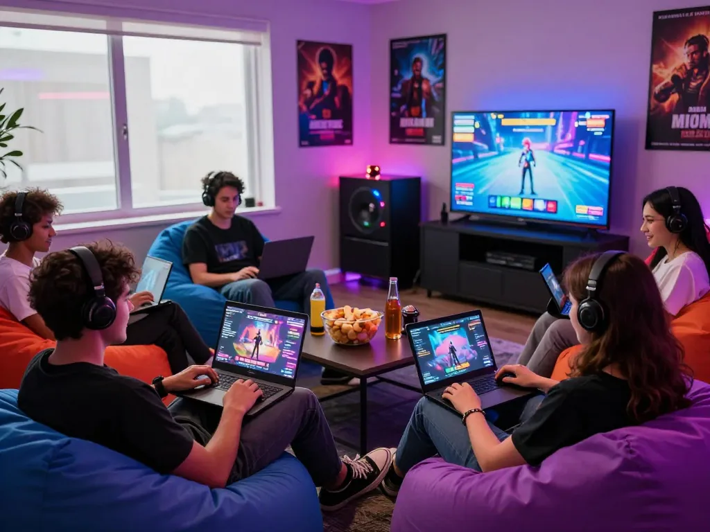 Friends enjoying interactive porn game online in vibrant gaming lounge with snacks and gaming setup.