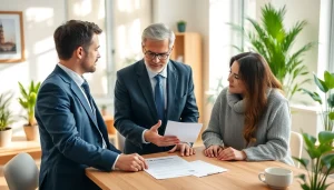 Couple discussing life insurance options with a financial advisor in a bright office.