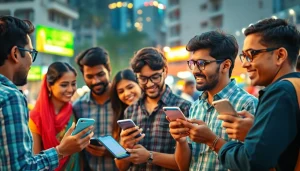 Engaging scene of sports betting in India with young adults using smartphones for betting.