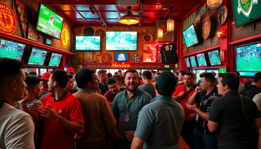 Cheerful patrons enjoying betting on the best sportsbooks Mexico at a lively sports bar.