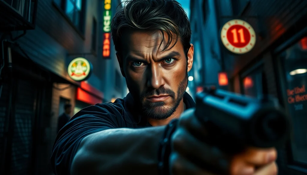 Protagonist in a gripping action scene, capturing the essence of shows similar to reacher series.