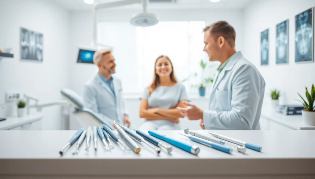 Dentist assisting patient in a modern dental office with bright colors and soothing ambiance.