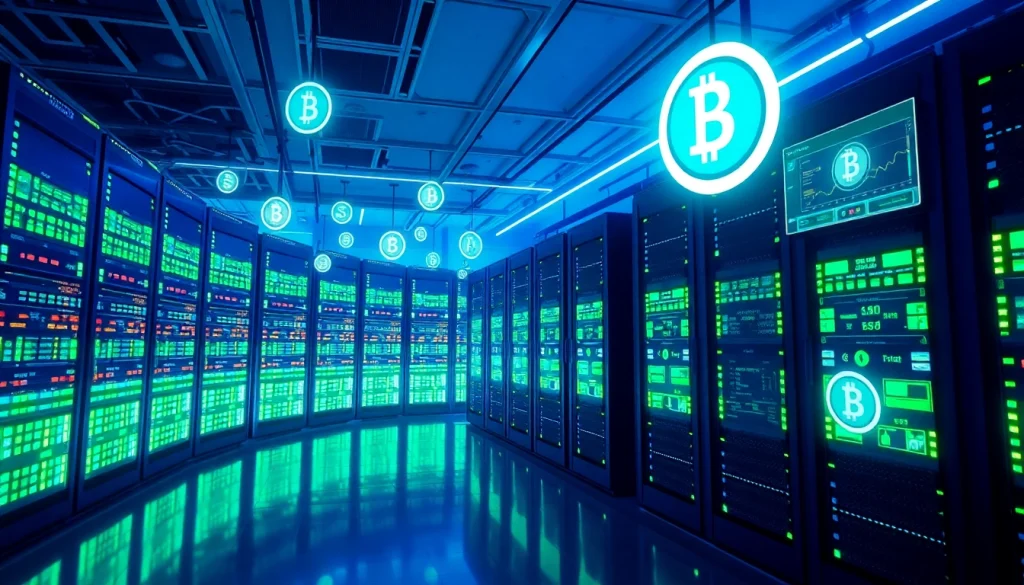 Visual representation of dogecoin cloud mining in a high-tech data center with glowing servers.