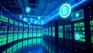 Visual representation of dogecoin cloud mining in a high-tech data center with glowing servers.