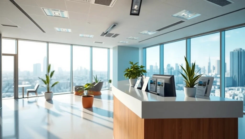 Showcasing Real Estate in a modern office with welcoming ambiance and city skyline in background.