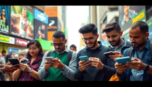 Engaged bettors exploring sports betting in India with digital devices amidst an urban backdrop.