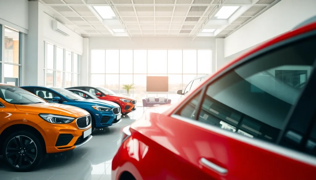 Buy a car in a modern dealership showcasing various car models under bright natural lighting.