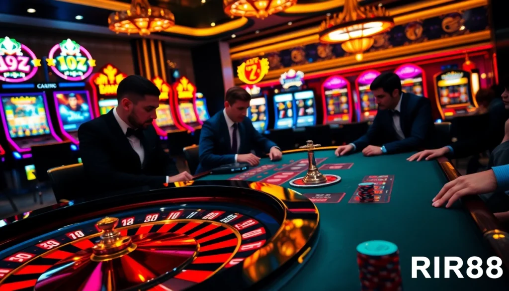 RR88 poker players strategizing at a vibrant casino table with chips and roulette wheel.