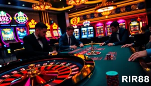 RR88 poker players strategizing at a vibrant casino table with chips and roulette wheel.