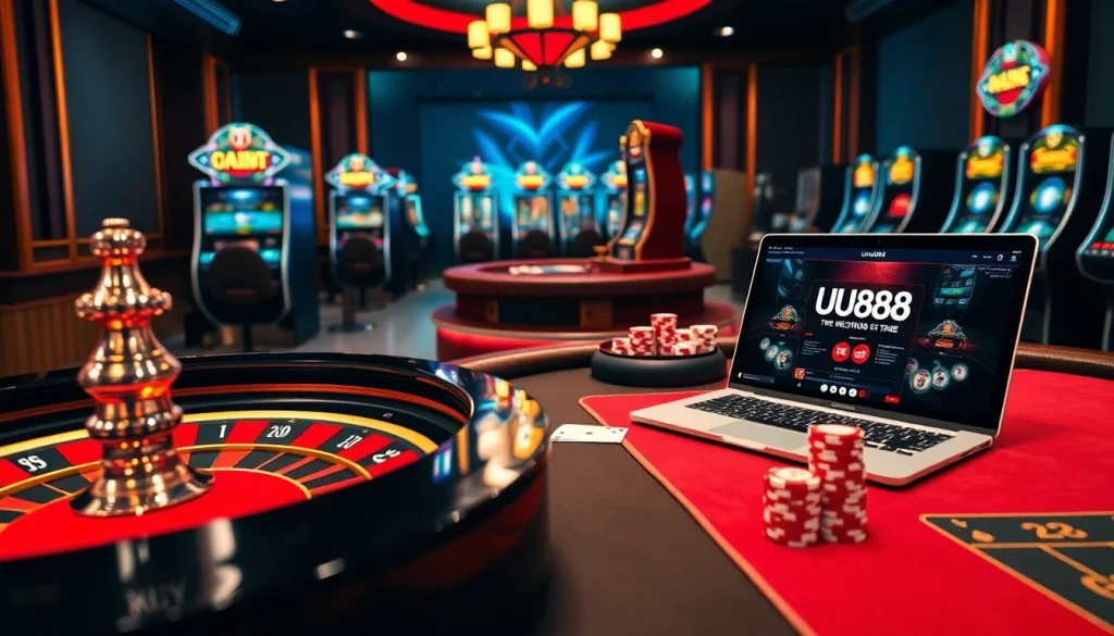 Experience the excitement of UU88 online gaming with vibrant roulette and poker scenes.