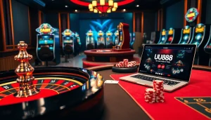 Experience the excitement of UU88 online gaming with vibrant roulette and poker scenes.