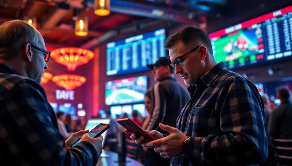 Engaged bettors exploring sportsbooks in Alabama within a lively sports bar atmosphere.