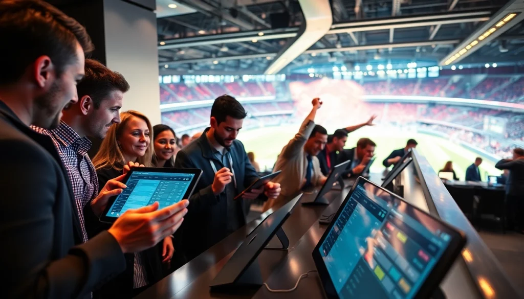 Engaged bettors at sportsbooks in California excitedly analyzing odds and statistics in a modern setting.