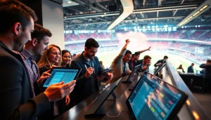 Engaged bettors at sportsbooks in California excitedly analyzing odds and statistics in a modern setting.