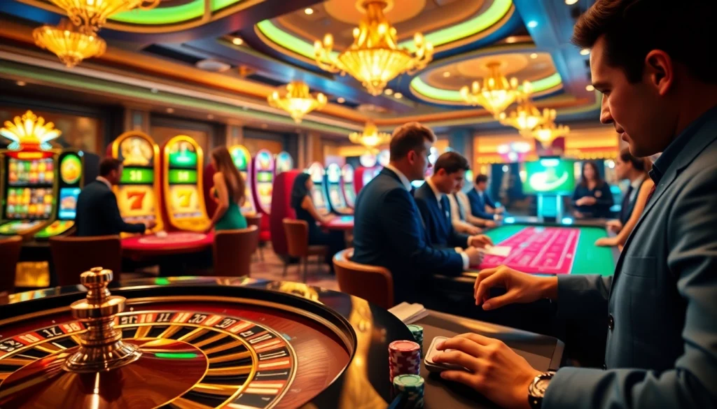 Engage in thrilling gambling experiences at https://thabetc.net/, showcasing vibrant casino tables and poker chips.