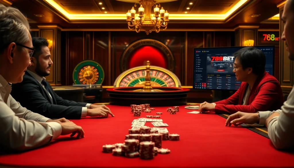 Players engaging at a luxurious poker table showcasing 789BET's high-stakes gambling atmosphere.