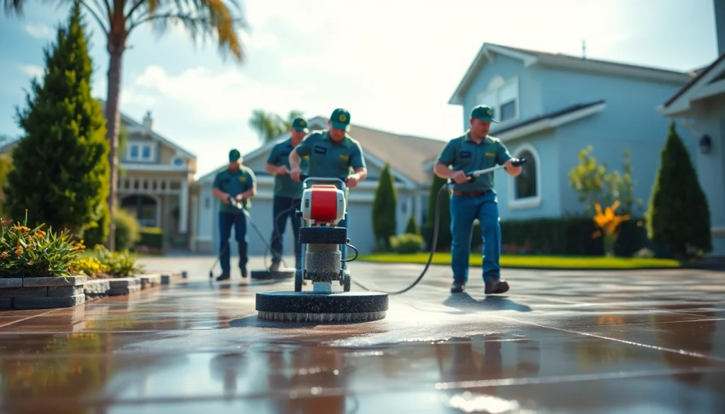 Concrete cleaning in progress by professionals showcasing effective techniques and modern equipment.